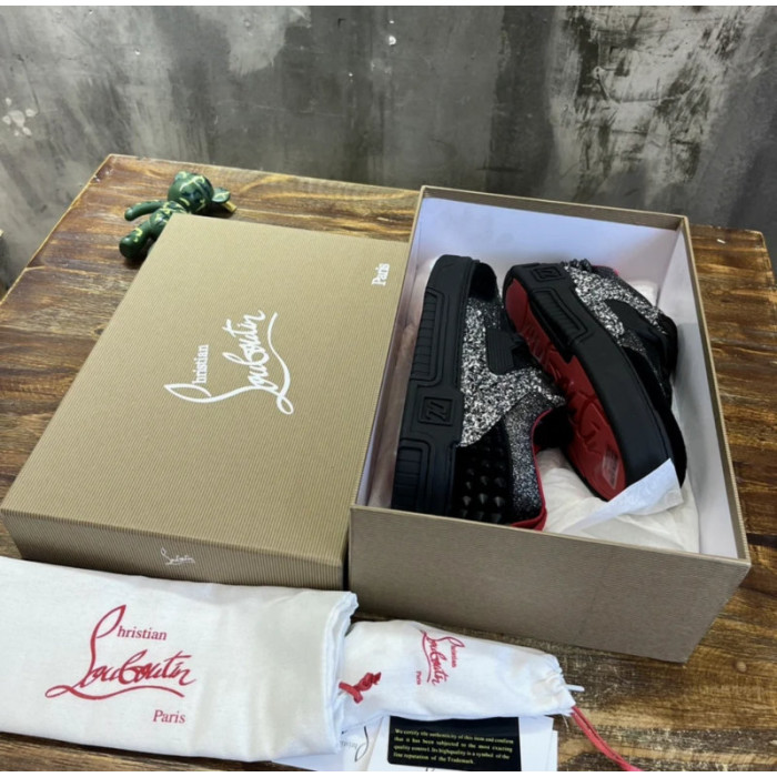 Christian Louboutin Black‑Silver Glitter Spiked Platform Low‑Top Sneakers