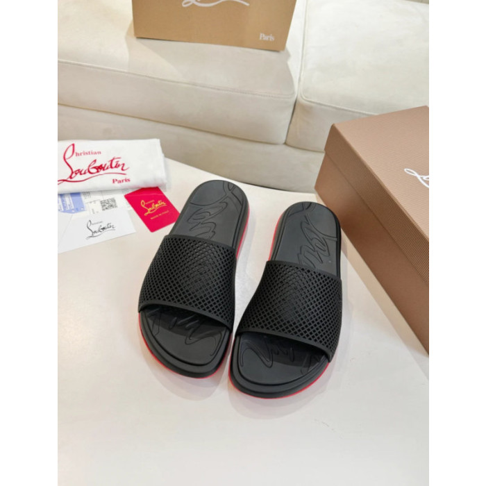 Christian Louboutin Black Mesh‑Strap Slide Sandals Red Rubber Outsole