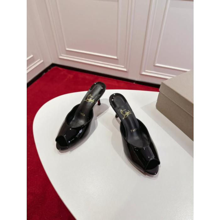 Christian Louboutin Black Patent Peep‑Toe Stiletto Heel Mules