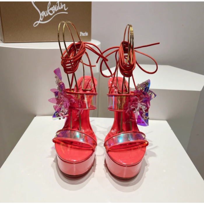 Christian Louboutin Red Patent Iridescent Crystal‑Flower 150mm Platform Ankle‑Tie Sandals