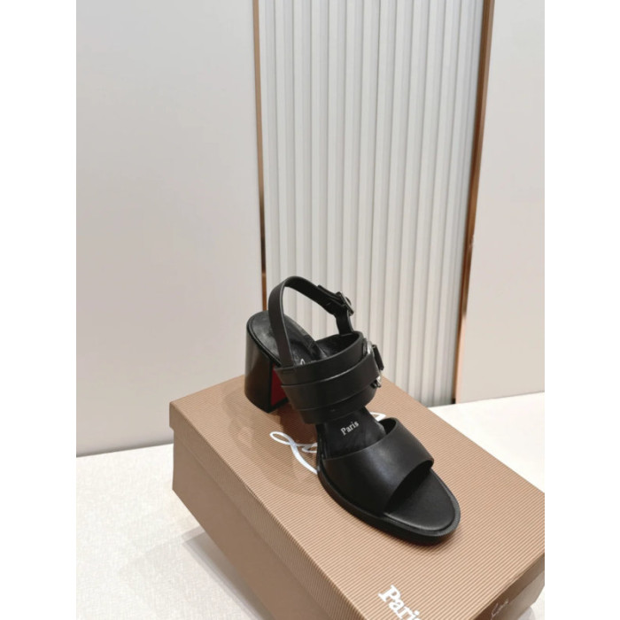 Christian Louboutin Black Leather Metal‑Ring Block Heel Sandals