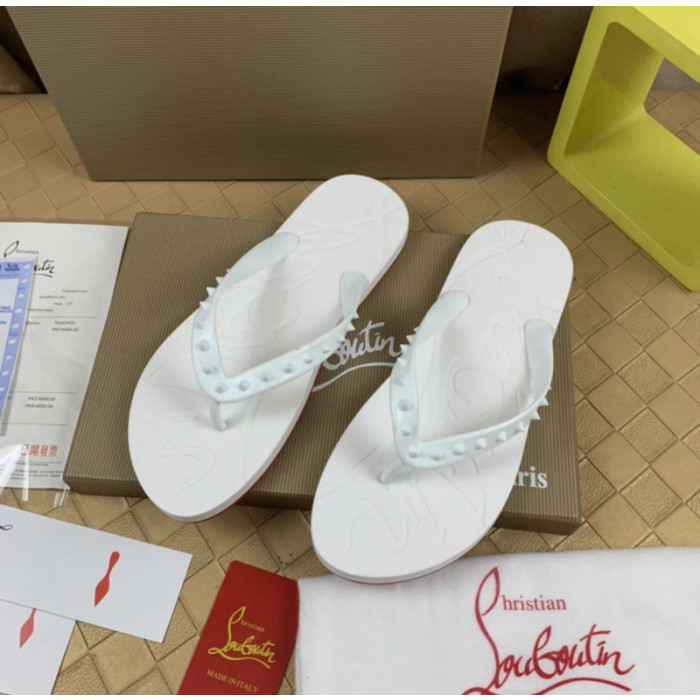 Christian Louboutin White Embossed‑Logo Studded Flip‑Flop Sandals