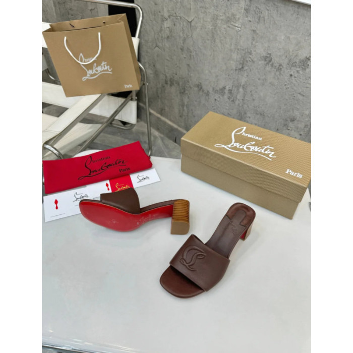 Christian Louboutin Brown Leather 55mm heel Block Heel Slide Sandal