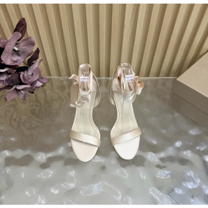 Christian Louboutin Champagne Satin 100mm Ankle‑Wrap Tie Stiletto Sandals