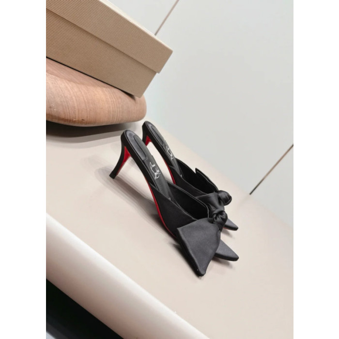 Christian Louboutin Black Satin Big‑Bow Pointed‑Toe Mule Kitten Heel Sandals 55mm heel