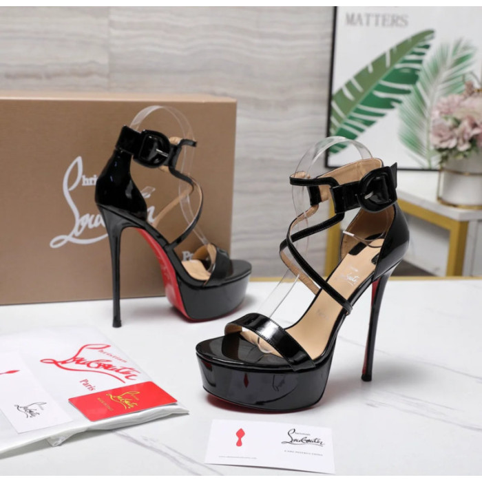 Christian Louboutin Black Patent 150mm Crisscross Ankle‑Strap Platform Heel Sandals
