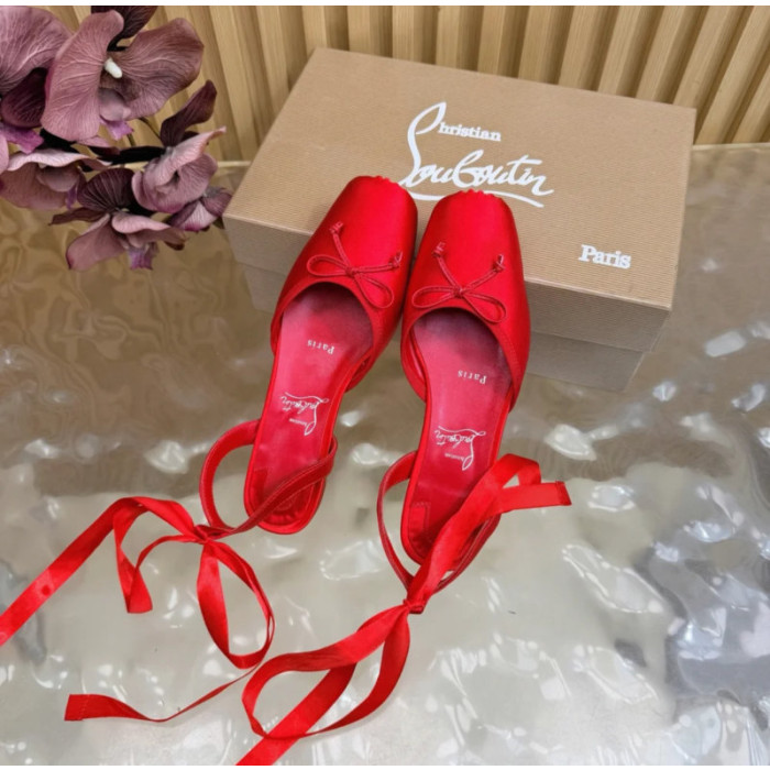 Christian Louboutin Red Satin Bow Ankle‑Tie Slingback Ballet Flats