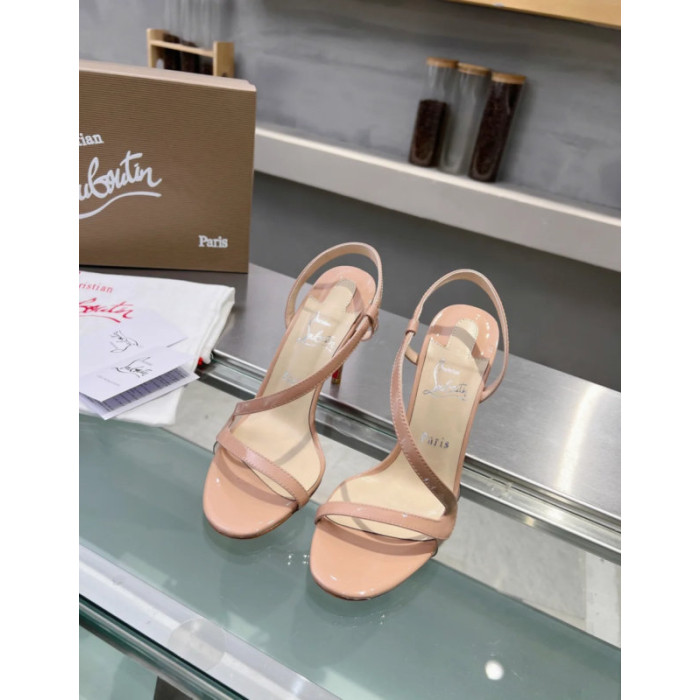 Christian Louboutin Nude Patent Asymmetric Curved Strap Slingback Sandal 100mm heel