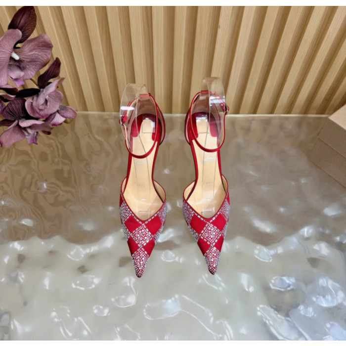 Christian Louboutin Red Satin Checkered Crystal‑Embellished 100mm Stiletto Heel Ankle‑Strap Pumps