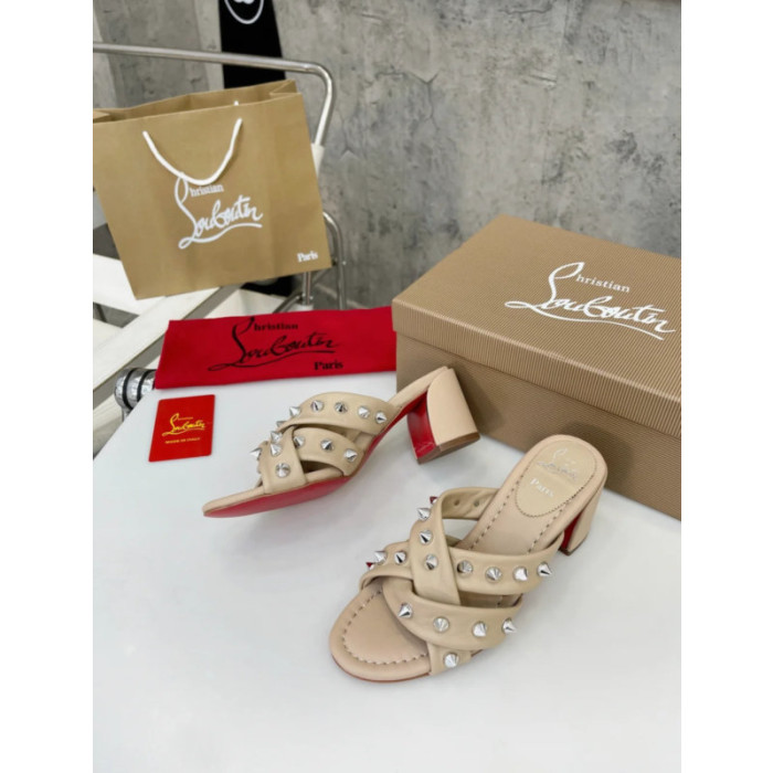 Christian Louboutin Beige Leather Studded 55mm heel Slide Sandals