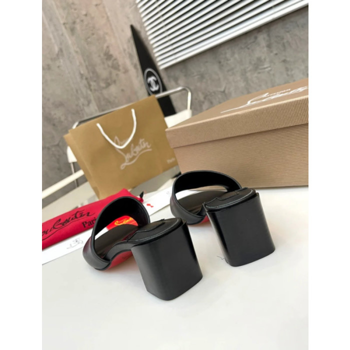 Christian Louboutin Black Leather 55mm heel Block Heel Slide Sandal