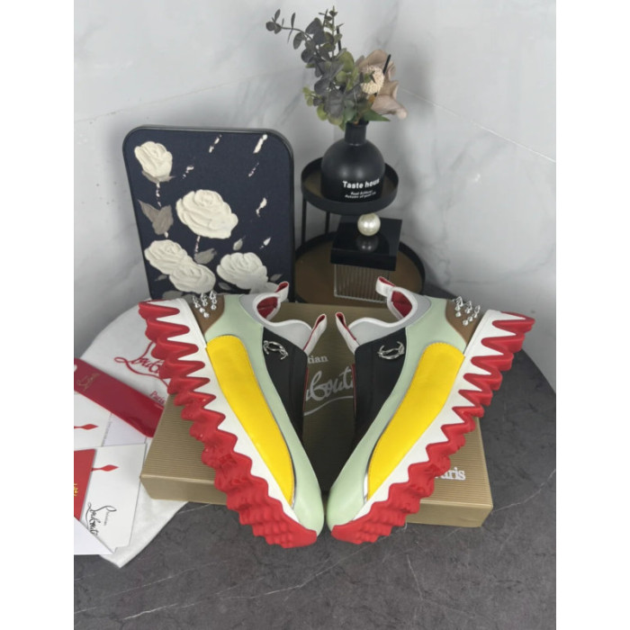 Christian Louboutin Multicolor Leather Slip‑On Spiked Sneakers Red Shark‑Tooth Sole