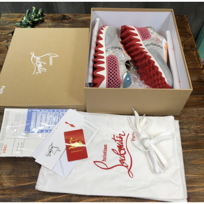 Christian Louboutin Multi‑Color Glitter‑Suede Mesh Lace‑Up Sneakers Red Shark‑Tooth Sole