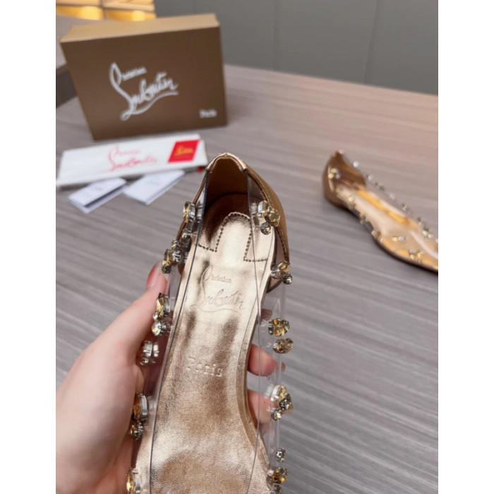 Christian Louboutin Clear PVC Golden Crystal‑Stud Pointed Toe Flat Pumps