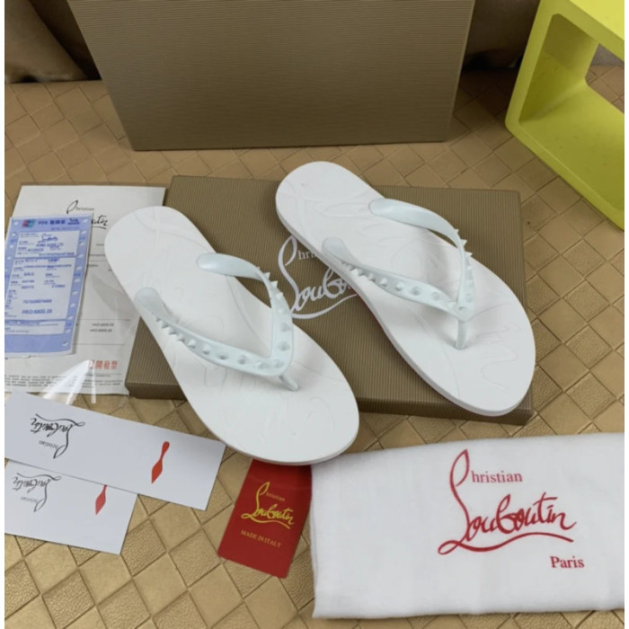 Christian Louboutin White Embossed‑Logo Studded Flip‑Flop Sandals