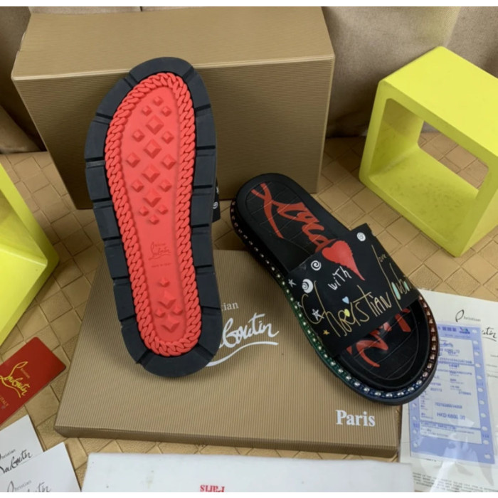 Christian Louboutin Black Heart‑Graffiti Print Slide Sandals Rainbow Crystal‑Trim Sole