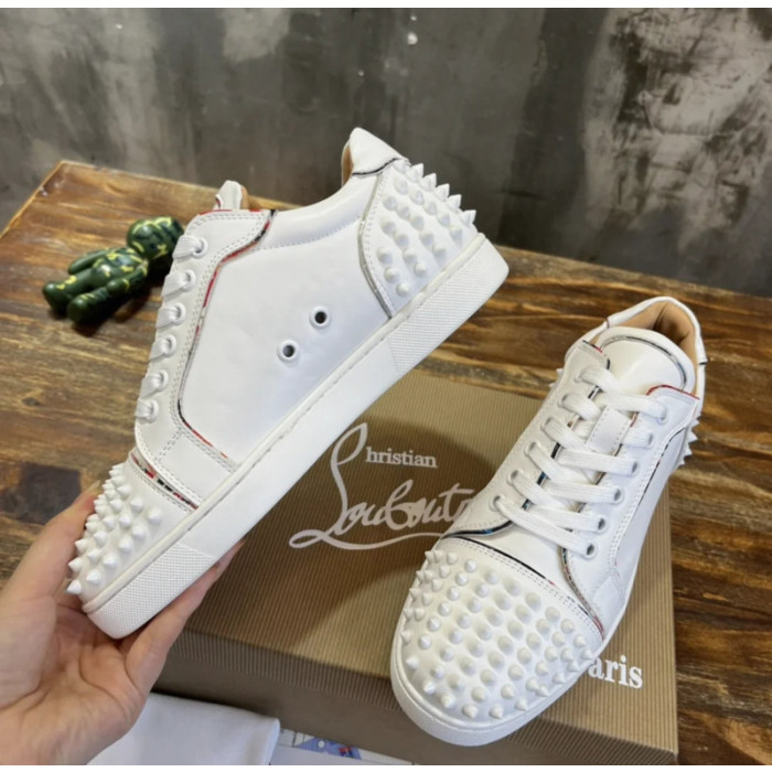 Christian Louboutin White Leather All‑Over Spike Low‑Top Sneakers