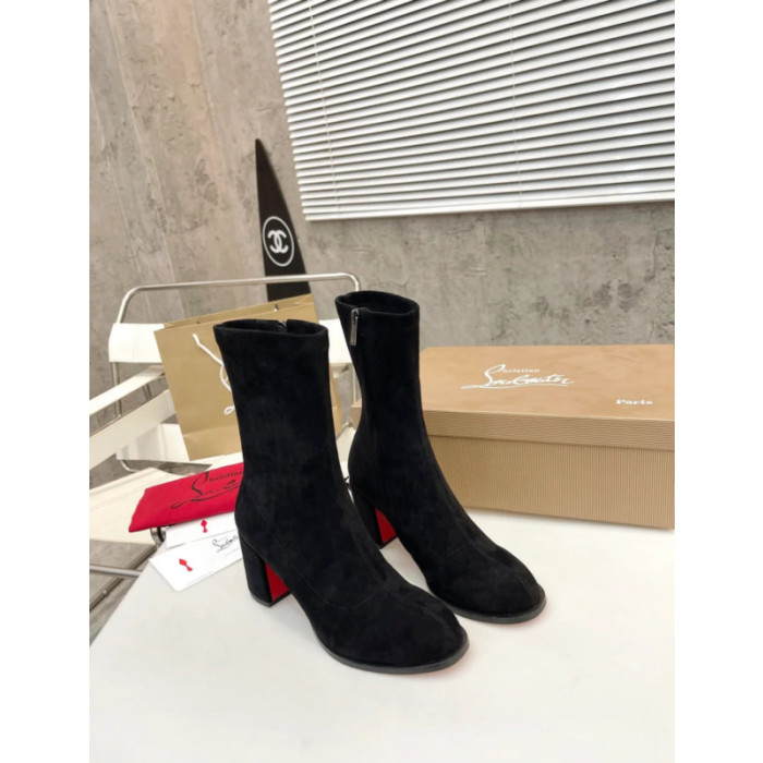 Christian Louboutin Black Suede Side‑Zip Block‑Heel Ankle Boots 85mm heel
