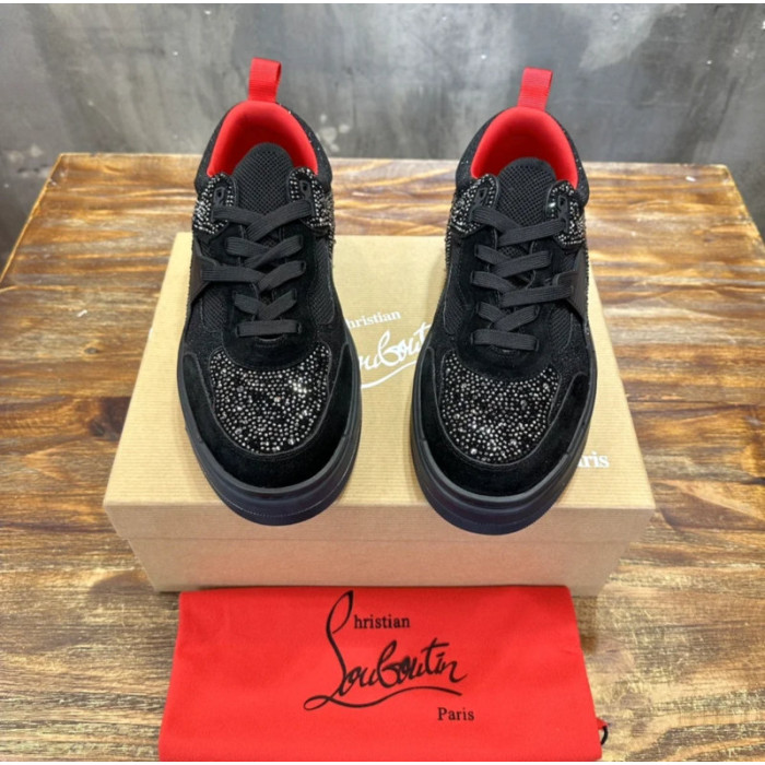 Christian Louboutin Black Suede Crystal Spiked Low‑Top Platform Sneakers