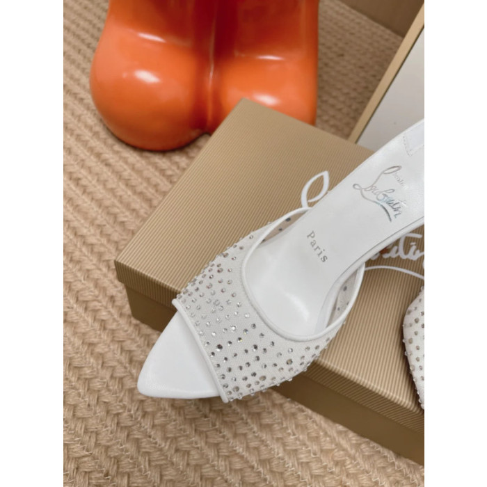Christian Louboutin White Tulle Rhinestone‑Covered 100mm Stiletto Heel Backless Mules