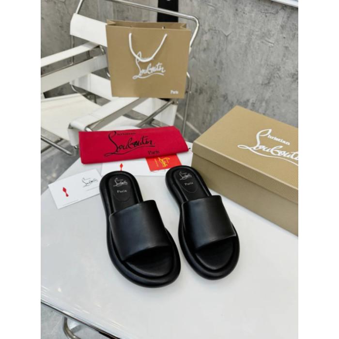 Christian Louboutin Black Leather Platform Flat Slide Sandal