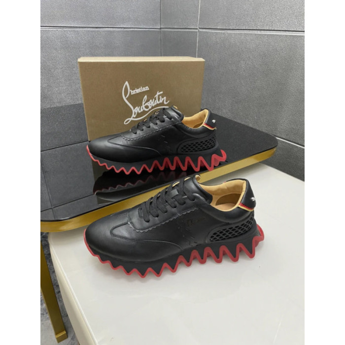 Christian Louboutin Black Leather Red Zigzag Sole Low‑Top Sneakers