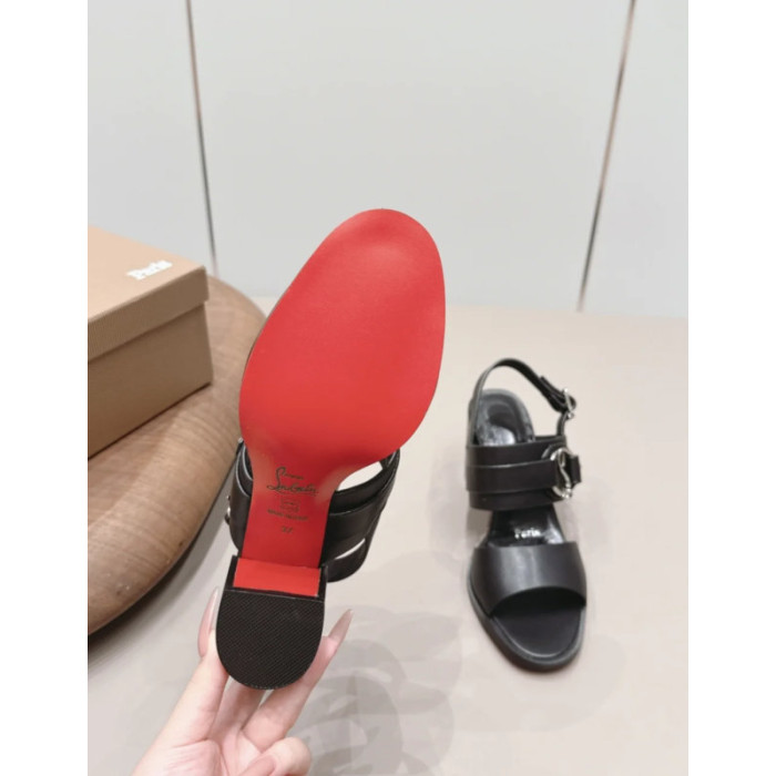 Christian Louboutin Black Leather Ankle‑Strap Block Heel Sandals 85mm heel