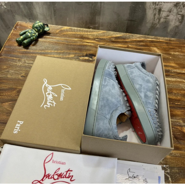 Christian Louboutin Dusty Blue Suede Spiked Low‑Top Men’s Sneakers