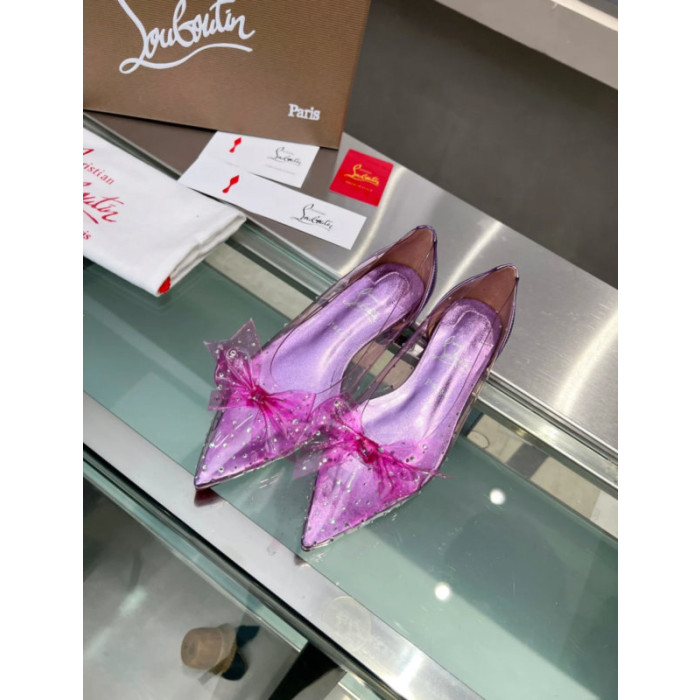 Christian Louboutin Purple Transparent PVC Pink Bow Crystal Pointed‑Toe Flat Pumps