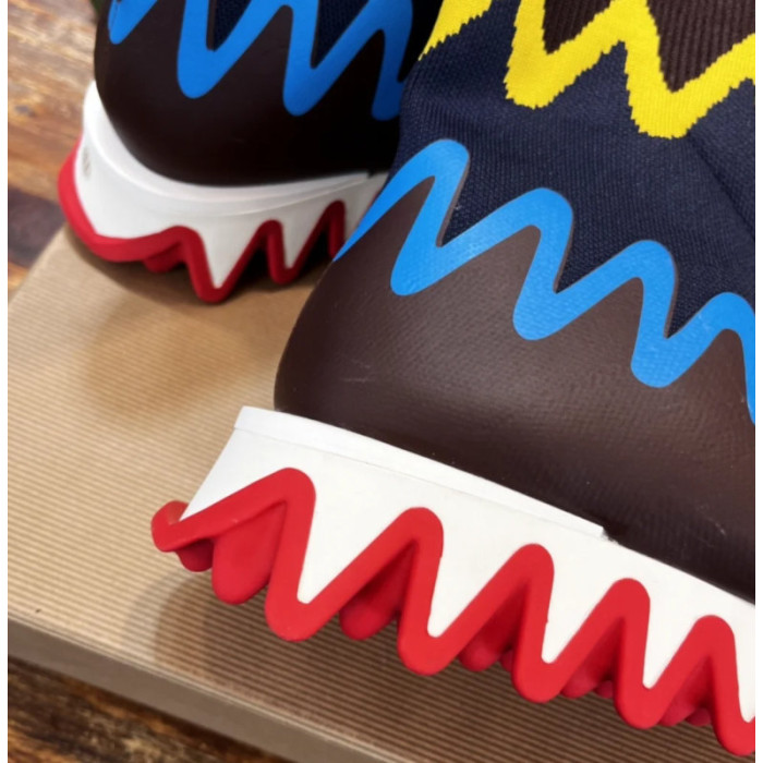 Christian Louboutin Colorful Zig‑Zag Knit Sock Ankle Boots Serrated Sole