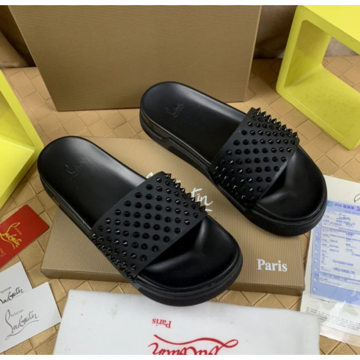 Christian Louboutin Black Spiked Platform Slide Sandals
