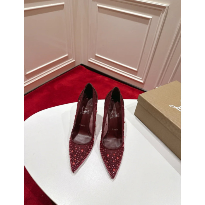 Christian Louboutin Burgundy Mesh Crystal 100mm Stiletto Heel Pumps
