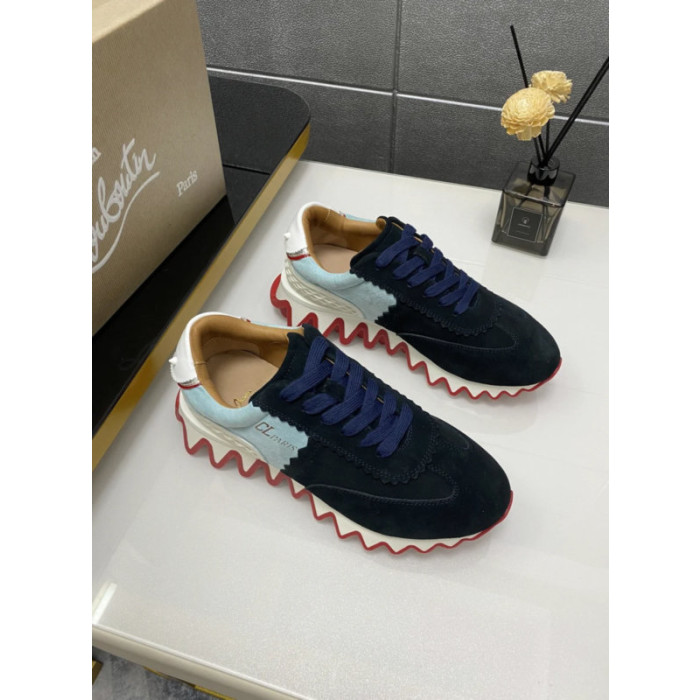 Christian Louboutin Navy‑Light‑Blue Suede Shark Tooth Sole Low‑Top Sneakers