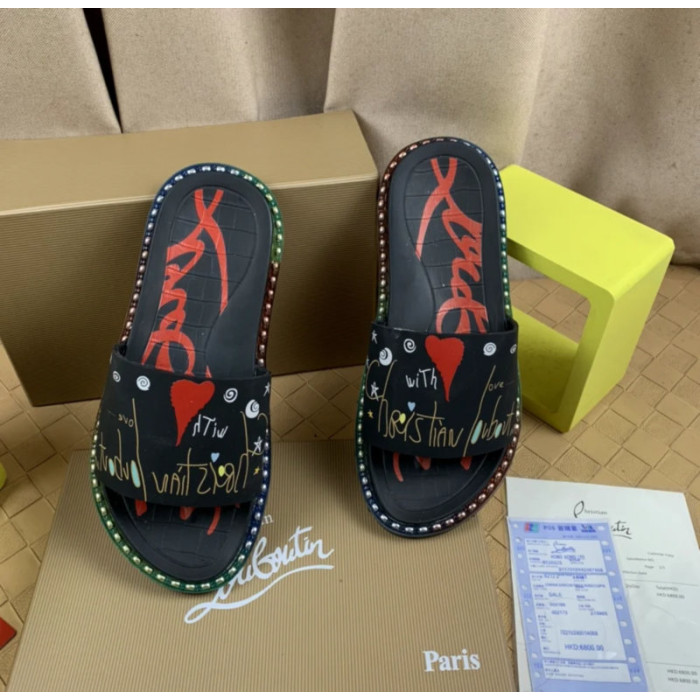 Christian Louboutin Black Heart‑Graffiti Print Slide Sandals Rainbow Crystal‑Trim Sole