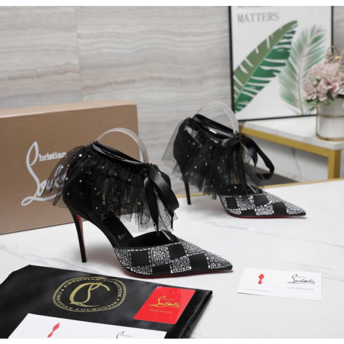 Christian Louboutin Black Satin Checkerboard Crystal Tulle Ruffle 100mm Stiletto Heel Pumps