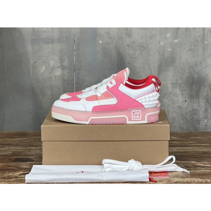 Christian Louboutin Pink White Mixed‑Media Spiked Low‑Top Sneakers