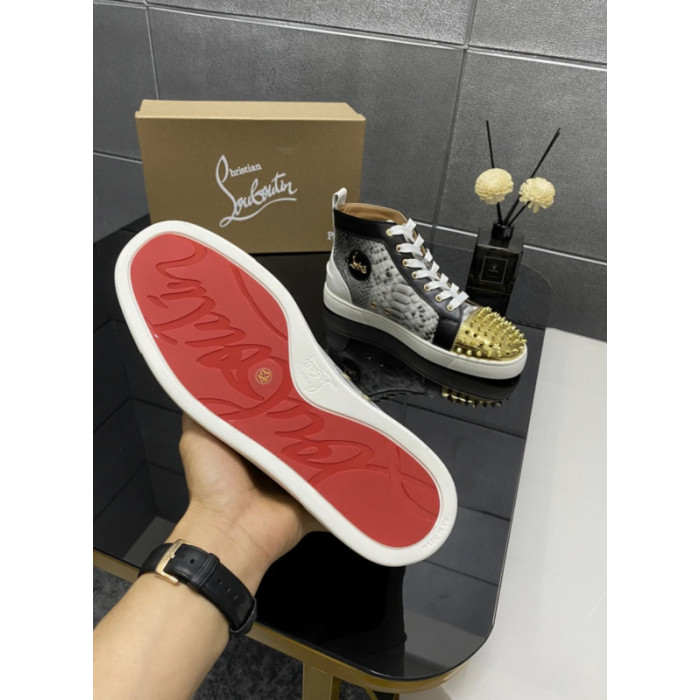 Christian Louboutin Grey Snake‑Print Gold‑Spiked High‑Top Sneakers