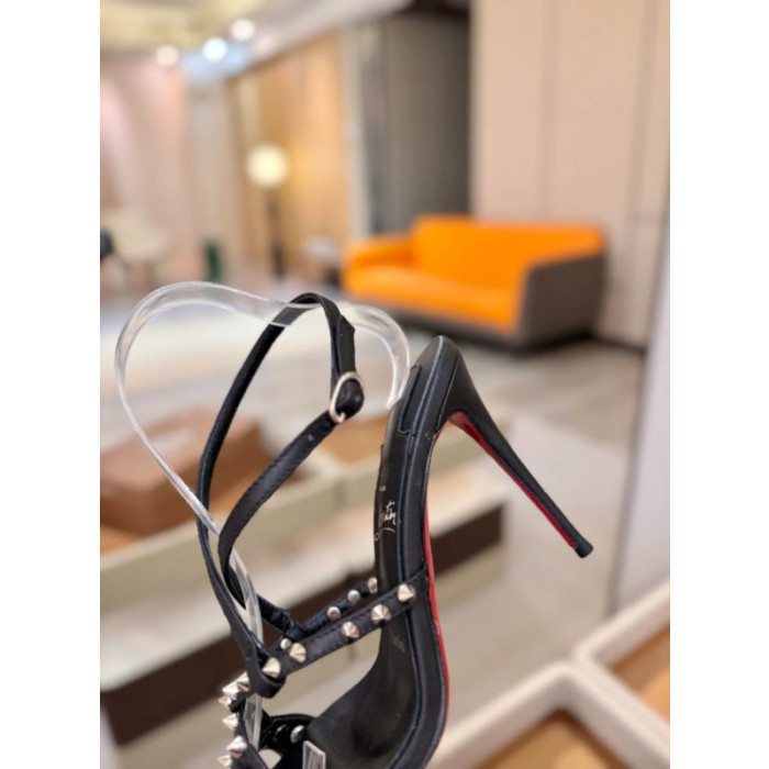 Christian Louboutin Black Leather Studded Crisscross Slingback High Heel Sandals