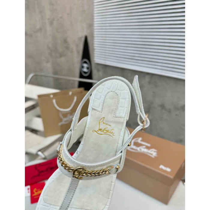 Christian Louboutin White Croc‑embossed Leather Block Heel Thong Sandal