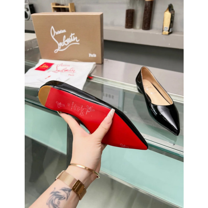 Christian Louboutin Black Patent Leather Pointed‑Toe Low‑Wedge Heel Flats