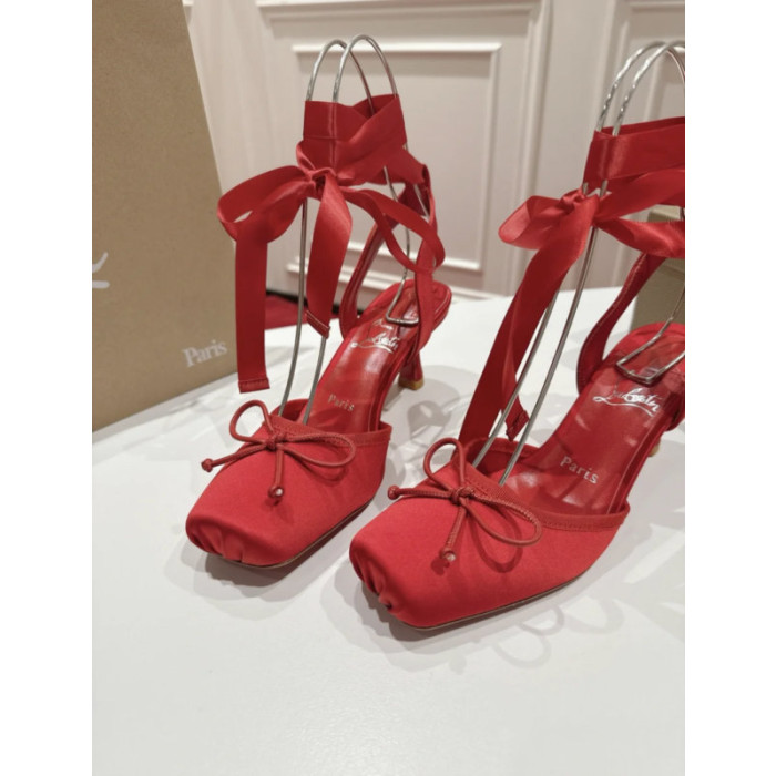 Christian Louboutin Red Satin Ankle‑Tie Bow Kitten Heel Pumps