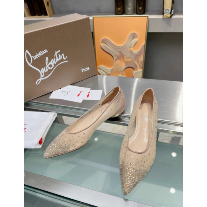 Christian Louboutin Nude Mesh Crystal‑Dot Flat Pointed Pump