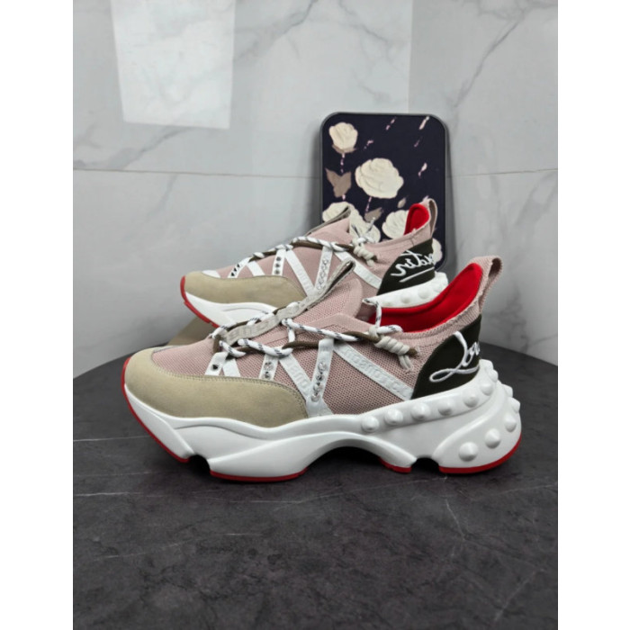 Christian Louboutin Pink‑Beige Spiked‑Sole Lace‑Up Chunky Sneakers Red Lining