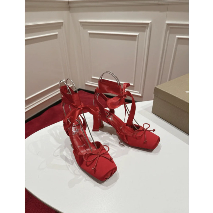 Christian Louboutin Red Satin Ankle‑Tie Bow Kitten Heel Pumps