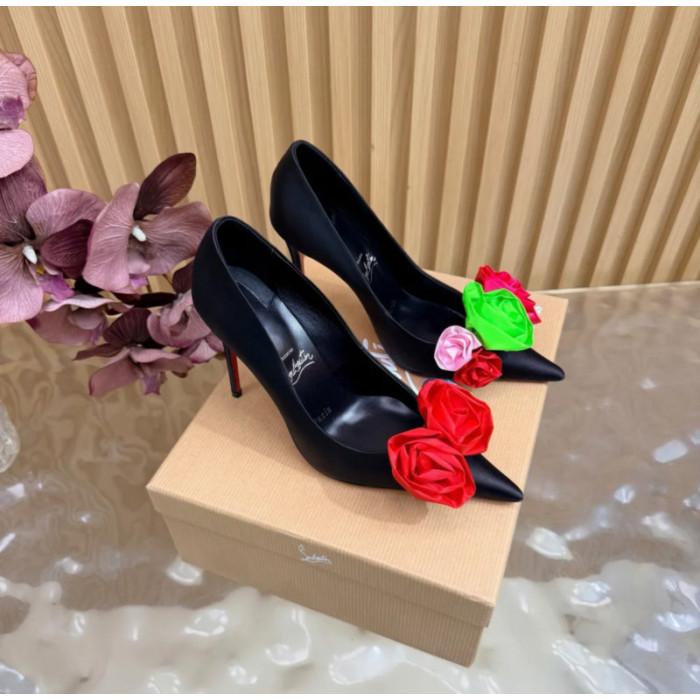 Christian Louboutin Black Satin Multicolor Fabric Flower 100mm Stiletto Heel Pumps