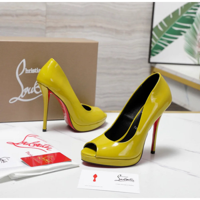 Christian Louboutin Lady Z 120 Yellow Patent Peep‑Toe Platform Stiletto Heel Pumps