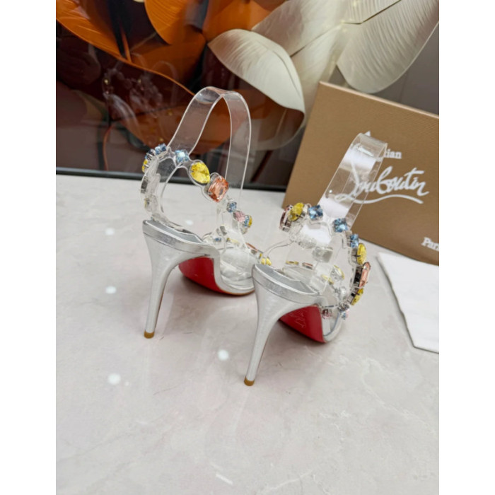 Christian Louboutin Silver PVC Multicolor Crystal‑Embellished 100mm Stiletto Heel Sandals
