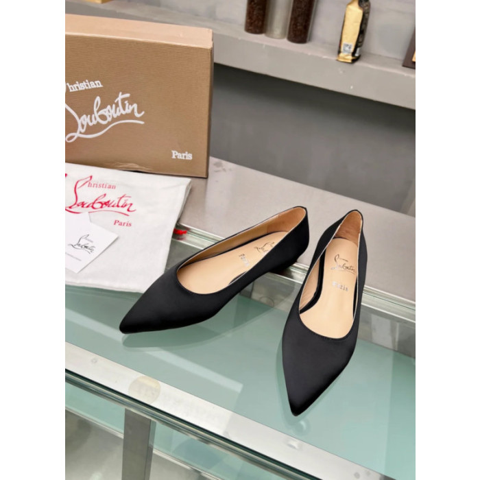 Christian Louboutin Black Satin Pointed‑Toe Low‑Wedge Heel Flats