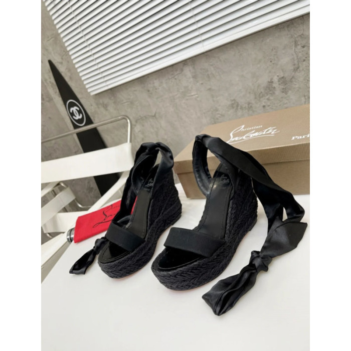 Christian Louboutin Black Fabric 120mm heel Wedge Ankle Tie Espadrille Sandal