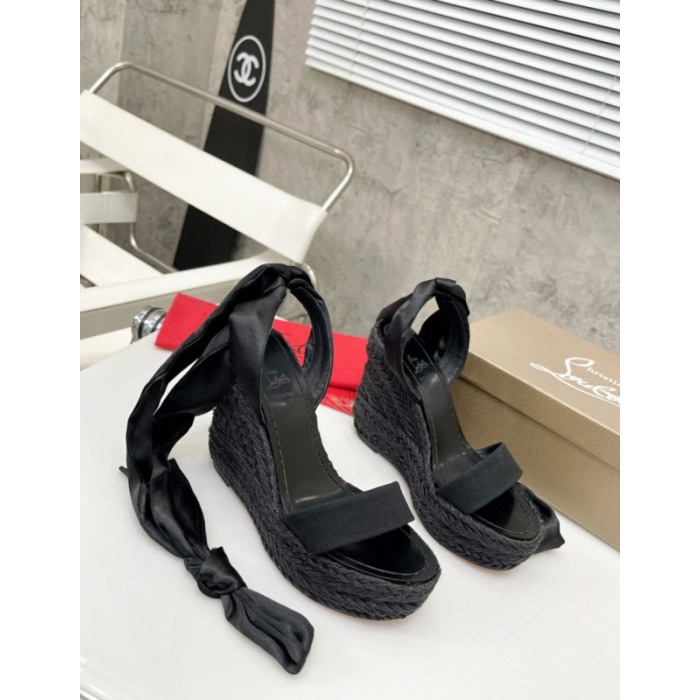 Christian Louboutin Black Fabric 120mm heel Wedge Ankle Tie Espadrille Sandal